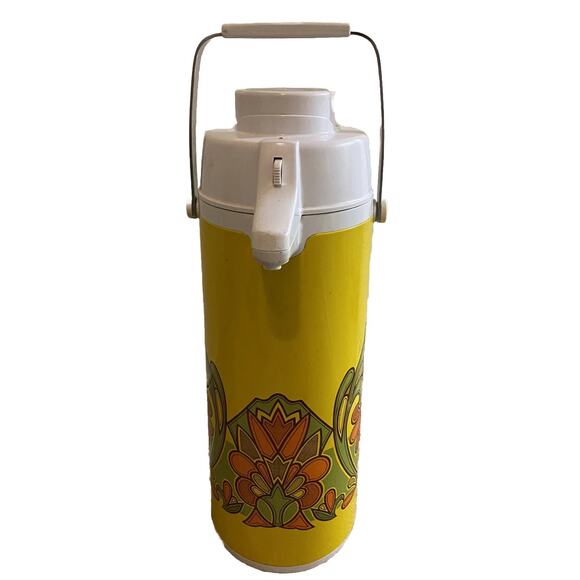 RARE Vtg 70s Peacock Yellow Floral Air Pot Vacuum Thermos Hot/Cold Dispenser - Picture 1 of 8